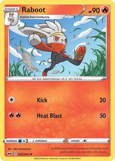 Pokémon card: Raboot 033/202 from Sword & Shield base set (Uncommon), Fire type, front of card