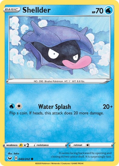 Pokémon card: Shellder 040/202 from Sword & Shield base set (Common), Water type, front of card