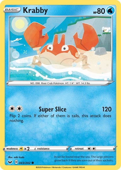 Pokémon card: Krabby 043/202 from Sword & Shield base set (Common), Water type, front of card
