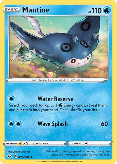 Pokémon card: Mantine 052/202, Uncommon, Sword & Shield base set