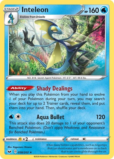 Pokémon card: Inteleon 058/202, Holo Rare, Sword & Shield base set