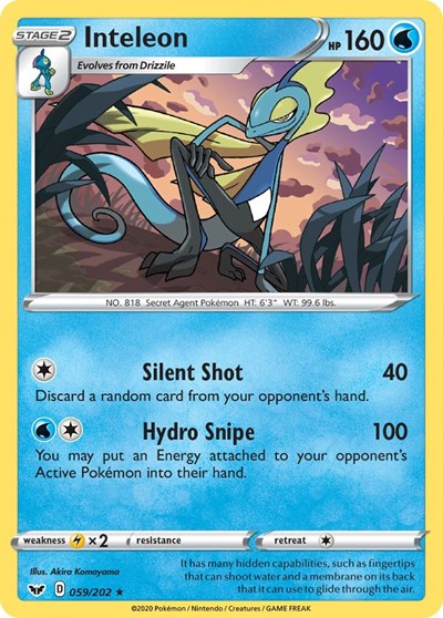 Pokémon card: Inteleon 059/202 from Sword & Shield base set (Rare), Water type, front of card