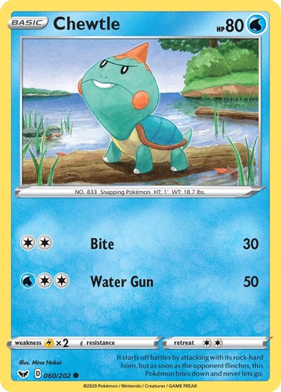 Pokémon card: Chewtle 060/202 from Sword & Shield base set (Common), Water type, front of card