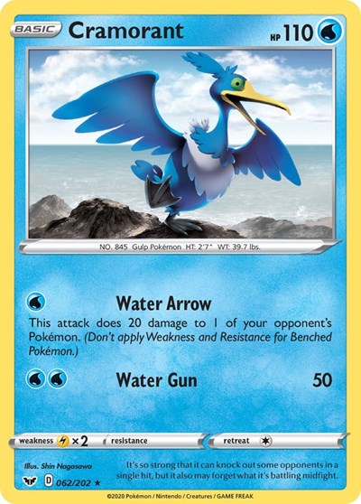 Pokémon card: Cramorant 062/202, Rare, Sword & Shield base set
