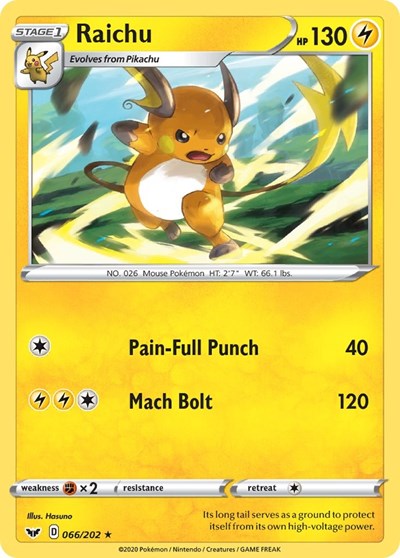 Pokémon card: Raichu 066/202, Rare, Sword & Shield base set