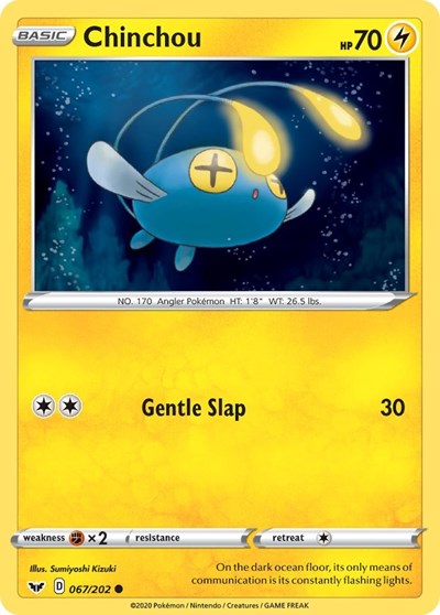 Pokémon card: Chinchou 067/202 from Sword & Shield base set (Common), Lightning type, front of card