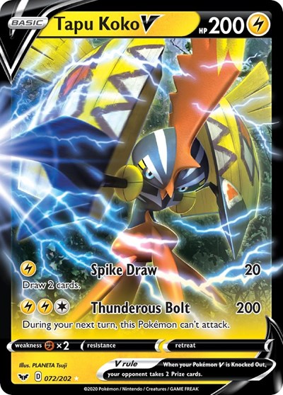 Pokémon card: Tapu Koko V 072/202, Ultra Rare, Sword & Shield base set