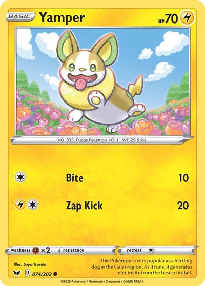 Pokémon card: Yamper 074/202, Common, Sword & Shield base set
