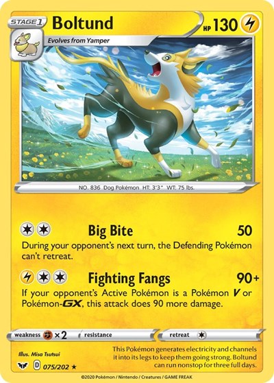 Pokémon card: Boltund 075/202, Holo Rare, Sword & Shield base set