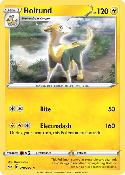 Pokémon card: Boltund 076/202, Holo Rare, Sword & Shield base set