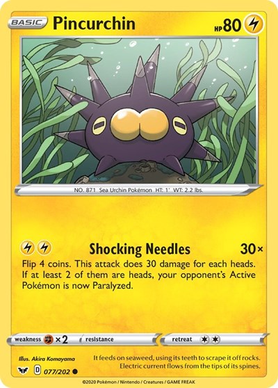 Pokémon card: Pincurchin 077/202, Common, Sword & Shield base set
