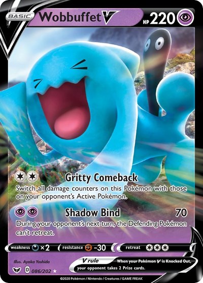 Pokémon card: Wobbuffet V 086/202 from Sword & Shield base set (Ultra Rare), Psychic type, front of card