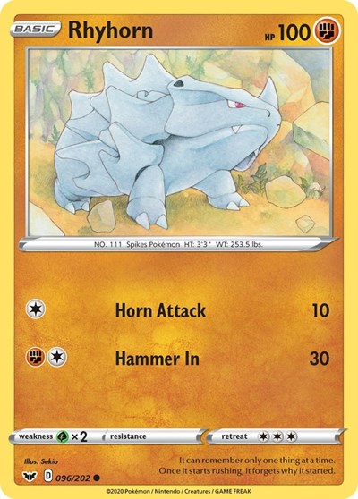 Pokémon card: Rhyhorn 096/202, Common, Sword & Shield base set