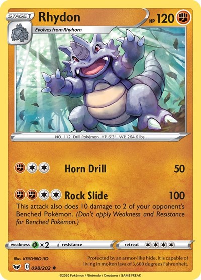 Pokémon card: Rhydon 098/202, Uncommon, Sword & Shield base set