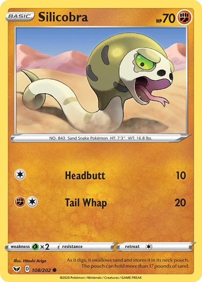 Pokémon card: Silicobra 108/202, Common, Sword & Shield base set