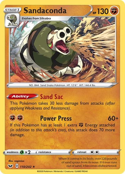 Pokémon card: Sandaconda 110/202 from Sword & Shield base set (Holo Rare), Fighting type, front of card