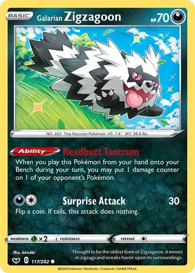 Pokémon card: Galarian Zigzagoon 117/202, Common, Sword & Shield base set