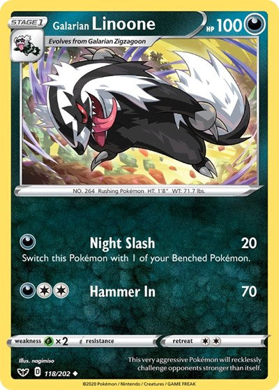 Pokémon card: Galarian Linoone 118/202, Uncommon, Sword & Shield base set
