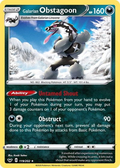 Pokémon card: Galarian Obstagoon 119/202, Holo Rare, Sword & Shield base set