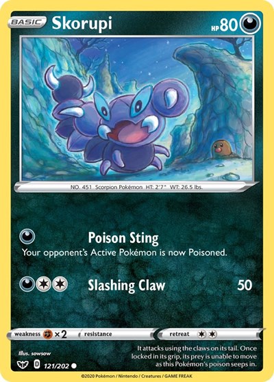 Pokémon card: Skorupi 121/202, Common, Sword & Shield base set