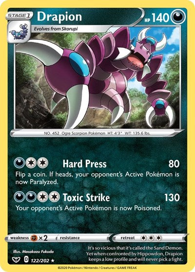 Pokémon card: Drapion 122/202, Rare, Sword & Shield base set