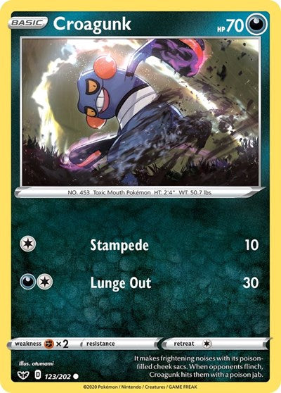 Pokémon card: Croagunk 123/202, Common, Sword & Shield base set