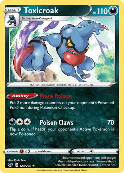 Pokémon card: Toxicroak 124/202, Holo Rare, Sword & Shield base set