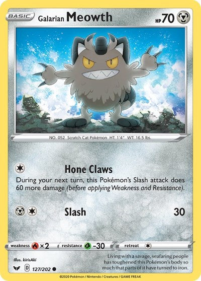 Pokémon card: Galarian Meowth 127/202, Common, Sword & Shield base set