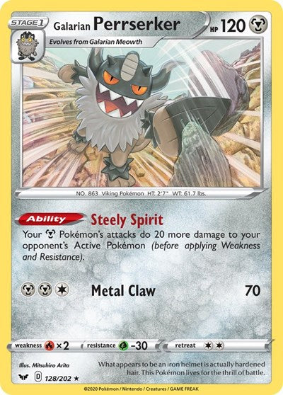 Pokémon card: Galarian Perrserker 128/202, Holo Rare, Sword & Shield base set