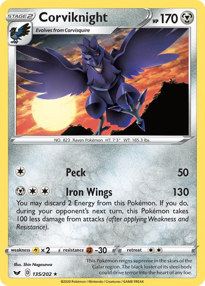 Pokémon card: Corviknight 135/202, Rare, Sword & Shield base set