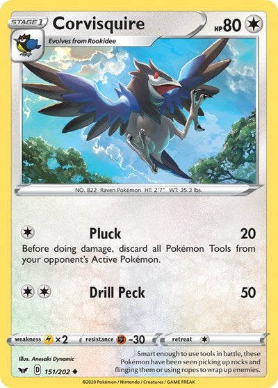 Pokémon card: Corvisquire 151/202 from Sword & Shield base set (Uncommon), Colorless type, front of card