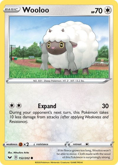 Pokémon card: Wooloo 152/202 from Sword & Shield base set (Common), Colorless type, front of card