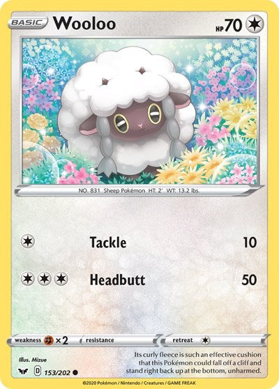 Pokémon card: Wooloo 153/202 from Sword & Shield base set (Common), Colorless type, front of card
