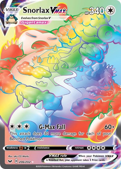Pokémon card: Snorlax VMAX 206/202 from Sword & Shield base set (Secret Rare), Colorless type, front of card