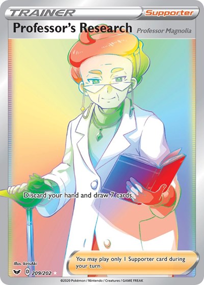 Pokémon card: Professor's Research 209/202 from Sword & Shield base set (Secret Rare), front of card