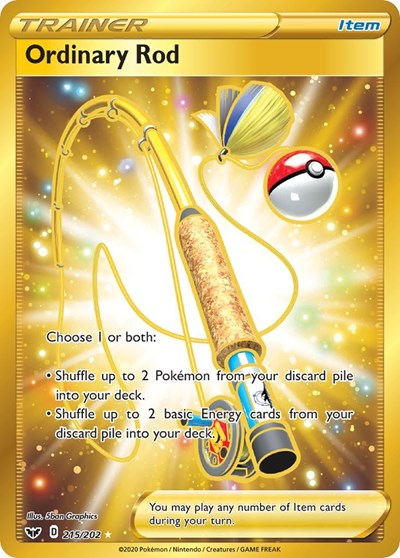 Pokémon card: Ordinary Rod 215/202 from Sword & Shield base set (Secret Rare), front of card