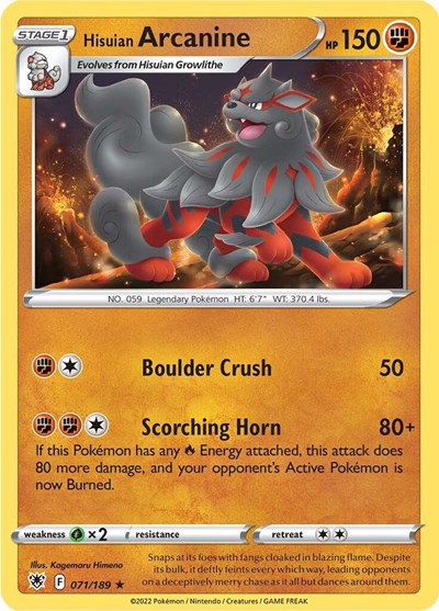 Pokémon card: Hisuian Arcanine 071/189, Rare, Astral Radiance