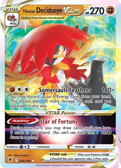 Pokémon card: Hisuian Decidueye VSTAR 084/189 from Astral Radiance (Ultra Rare), Fighting type, front of card