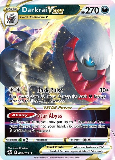 Pokémon card: Darkrai VSTAR 099/189 from Astral Radiance (Ultra Rare), Darkness type, front of card