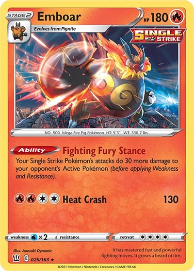 Pokémon card: Emboar 025/163 from Battle Styles (Holo Rare), Fire type, front of card