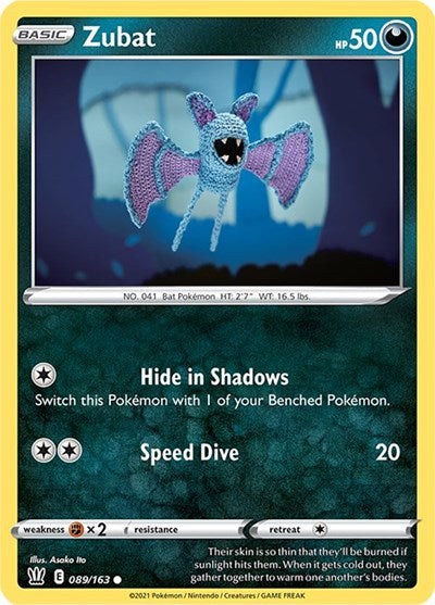 Pokémon card: Zubat 089/163 from Battle Styles (Common), Darkness type, front of card