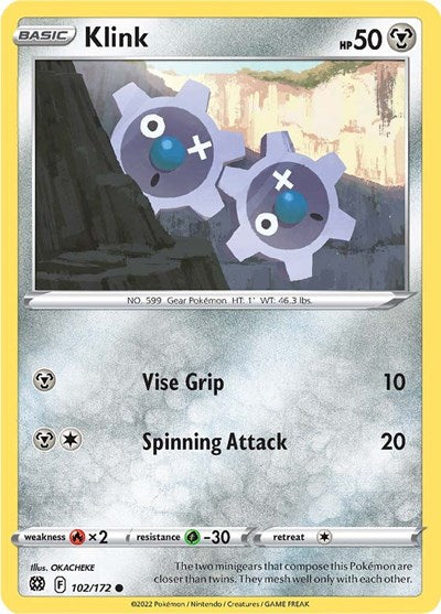 Pokémon card: Klink 102/172 from Brilliant Stars (Common), Metal type, front of card