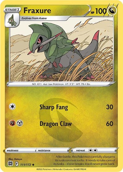 Pokémon card: Fraxure 111/172 from Brilliant Stars (Uncommon), Dragon type, front of card