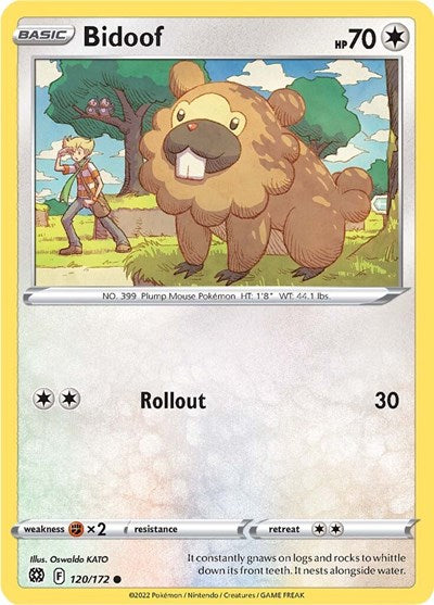 Pokémon card: Bidoof 120/172 from Brilliant Stars (Common), Colorless type, front of card