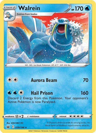 Pokémon card: Walrein 039/198 from Chilling Reign (Rare), Water type, front of card