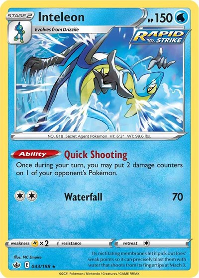 Pokémon card: Inteleon 043/198 from Chilling Reign (Holo Rare), Water type, front of card