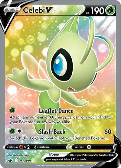 Pokémon card: Celebi V (Full Art) 160/198 from Chilling Reign (Ultra Rare), Grass type, front of card