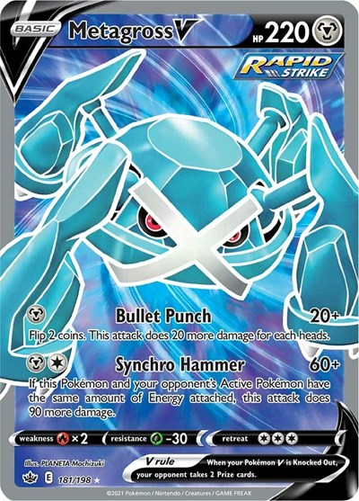 Pokémon card: Metagross V (Full Art) 181/198 from Chilling Reign (Ultra Rare), Metal type, front of card