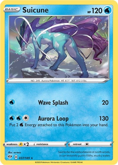 Pokémon card: Suicune 037/189 from Darkness Ablaze (Holo Rare), Water type, front of card