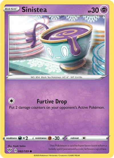 Pokémon card: Sinistea 082/189 from Darkness Ablaze (Common), Psychic type, front of card